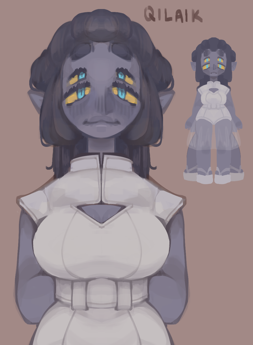 a simple reference sheet showing a blue skinned fumi scientist